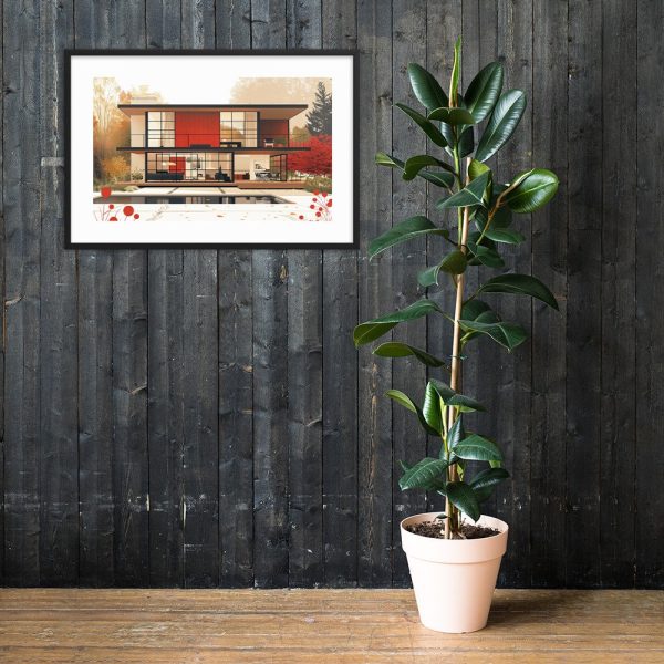 Indoor plant in white pot next to dark wooden wall with modern house painting.