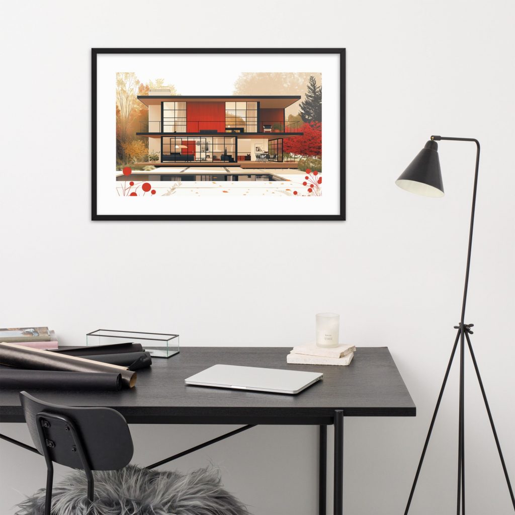 A framed modern house illustration hangs above a black desk with a lamp.