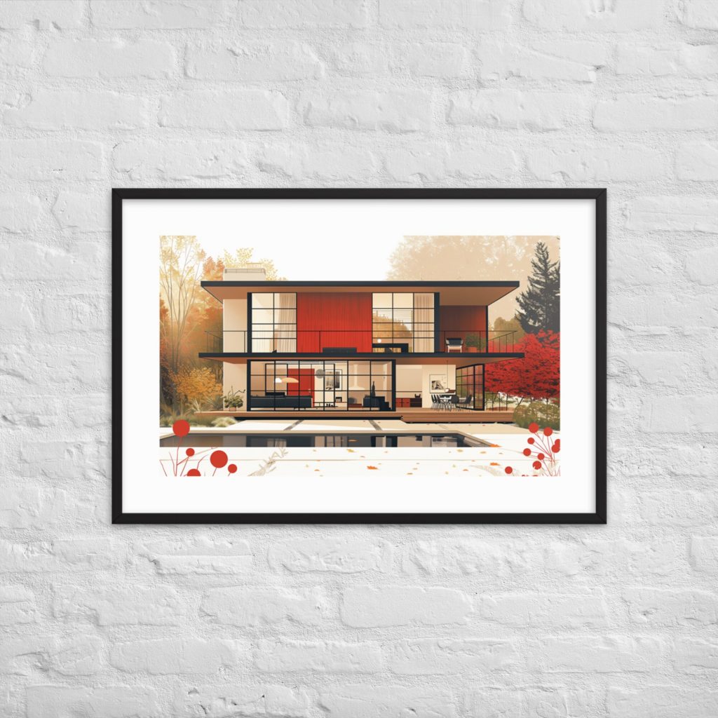 Framed architectural illustration of a modern house on a white brick wall.