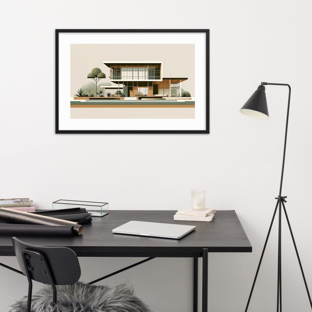 Modern minimalistic workspace with a framed architectural print.