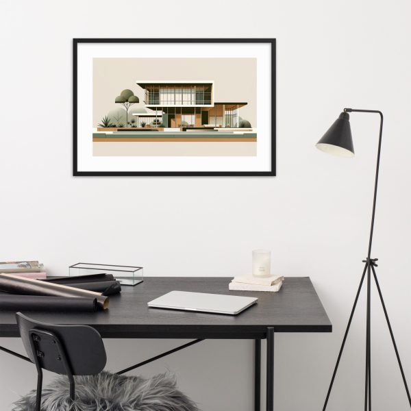 Modern minimalistic workspace with a framed architectural print.