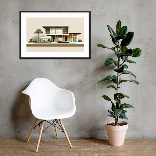 Modern chair, potted plant, and framed architectural art on a concrete wall.