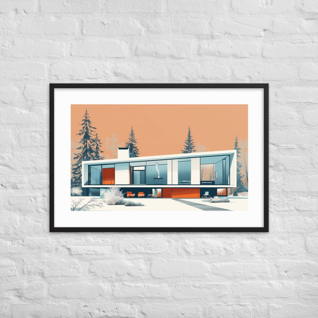 Framed illustration of a modern house with trees in the background.