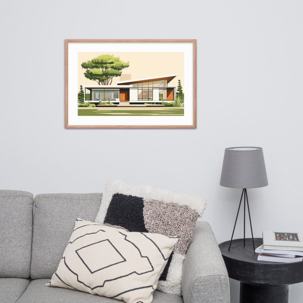 A framed architectural illustration hangs above a gray sofa with cushions and a nearby lamp on a round table.