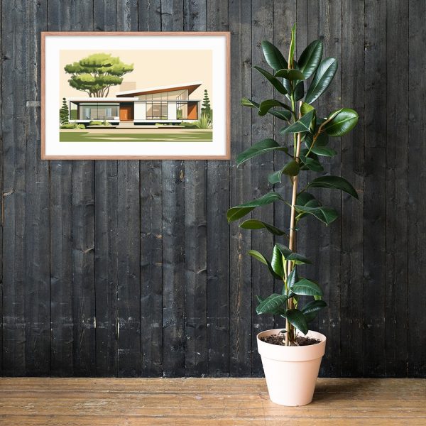 A framed artwork of a modern house hangs above a potted plant against a dark wooden wall.