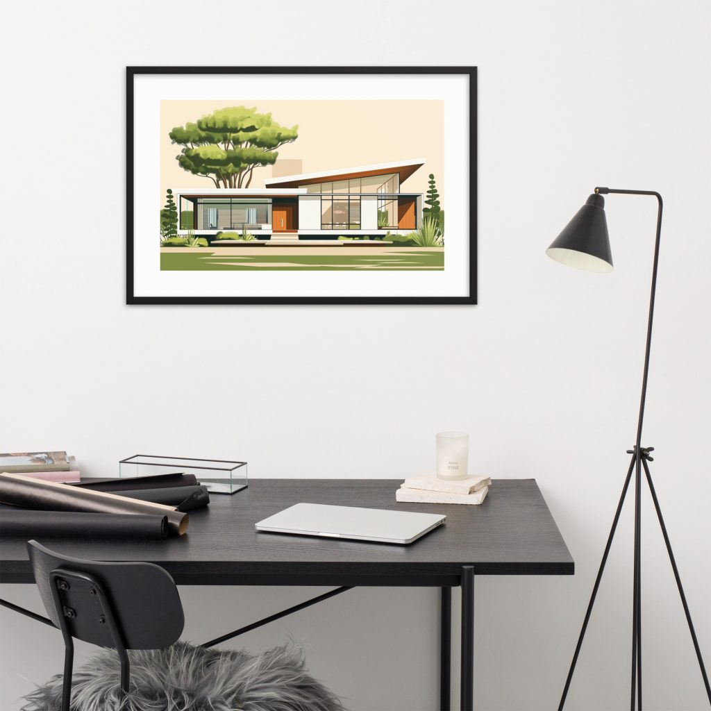 Modern minimalist workspace with framed artwork and desk lamp