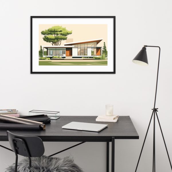 Modern minimalist workspace with framed artwork and desk lamp