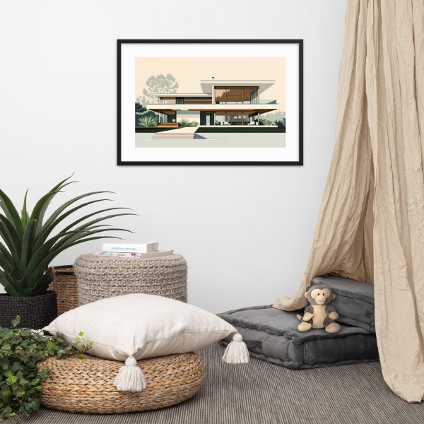 Cozy corner of a room with pillows, a plant, and a framed modern house illustration on the wall.