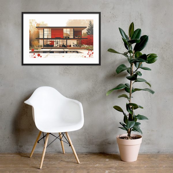 A modern chair and a potted plant in a minimalist room with a framed architectural artwork on the wall.
