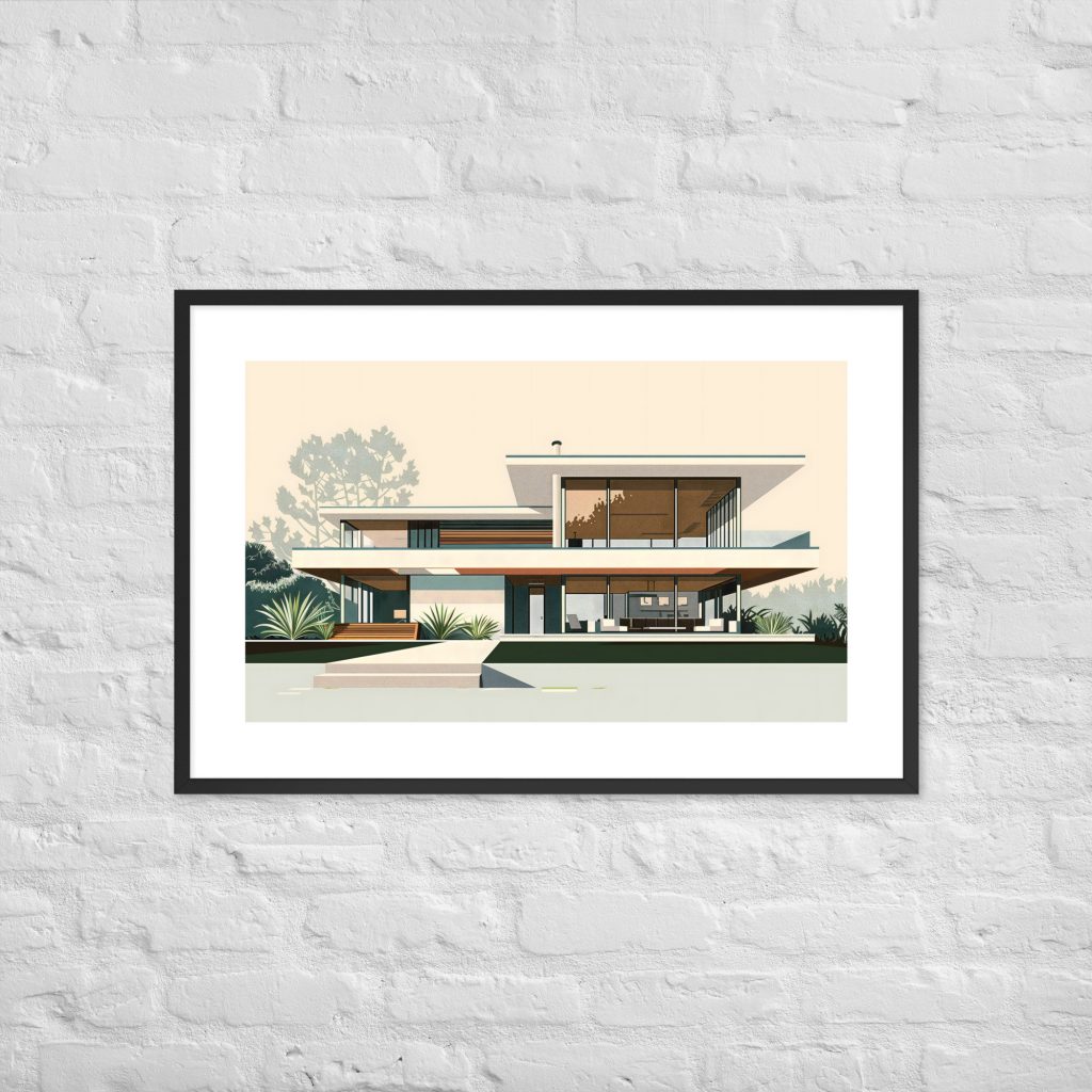 Framed architectural drawing of a modern house on a white brick wall.