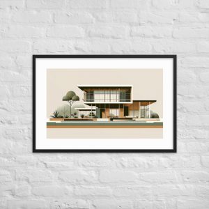 A framed architectural illustration of a modern house hangs on a white brick wall.