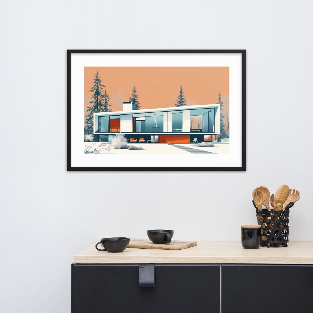 A framed artwork of a modern house hangs above a kitchen counter.