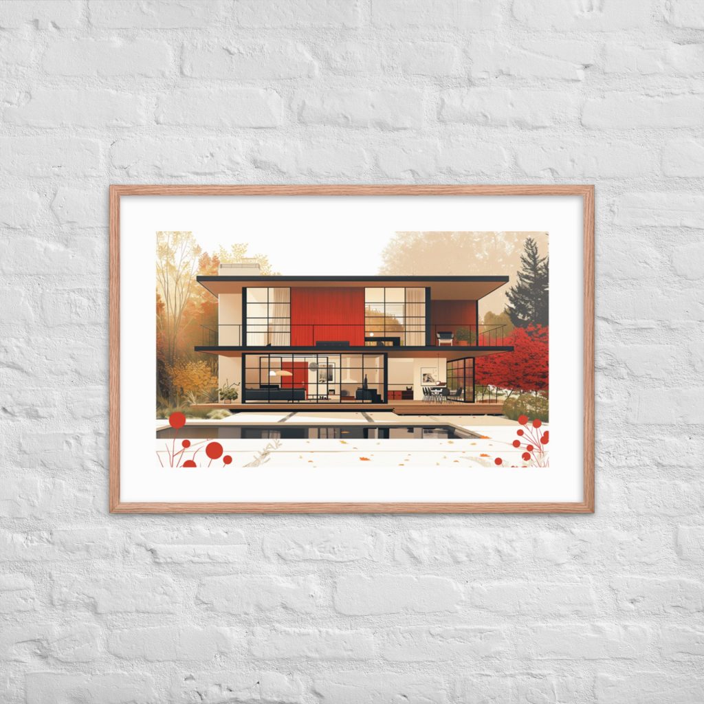Framed illustration of a modern house on a white brick wall.