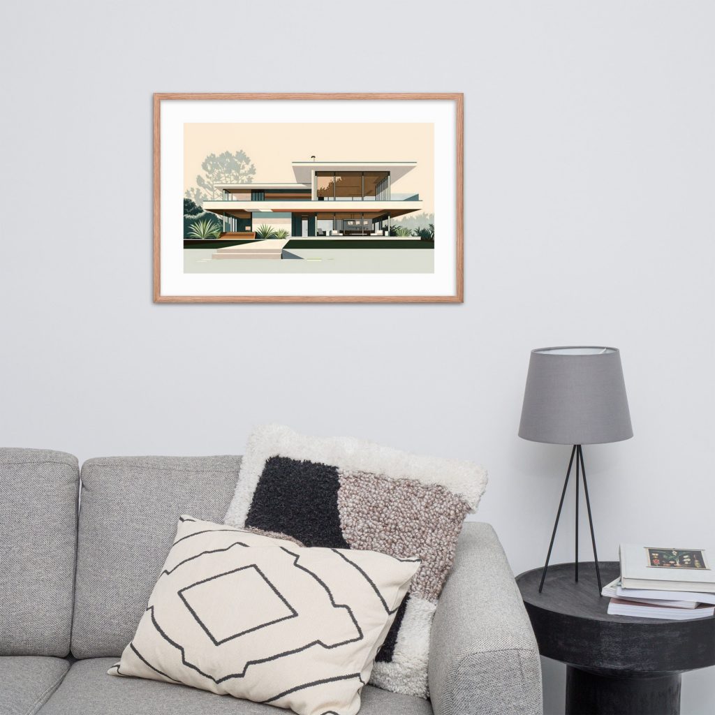 Modern living room with a framed architectural print on the wall.
