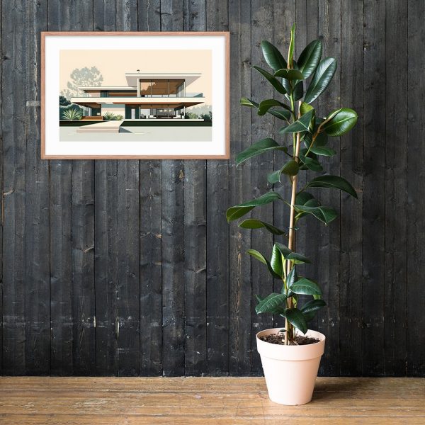A potted plant with large green leaves next to a modern framed artwork on a dark wooden background.
