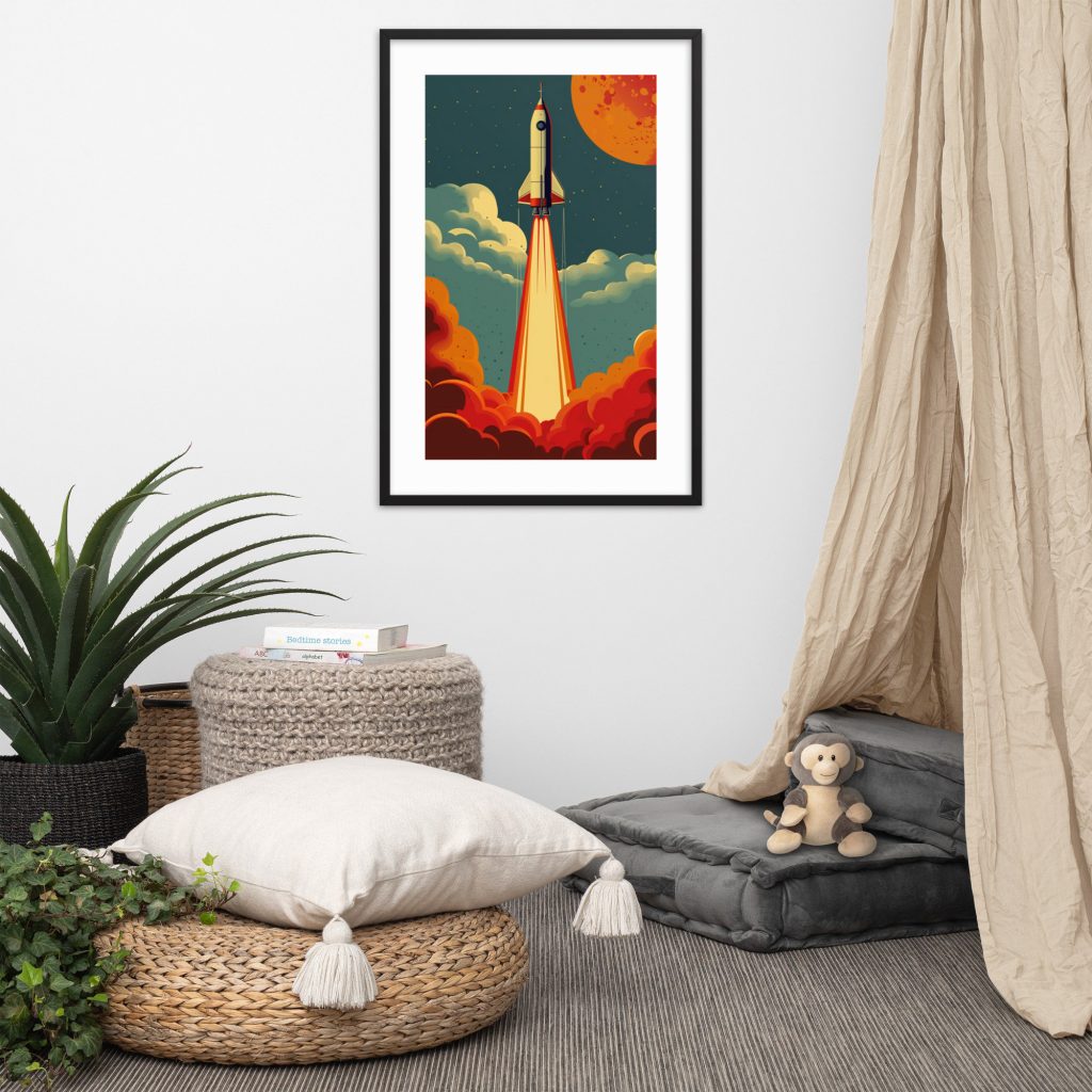 Modern room with a rocket ship painting.
