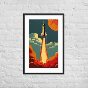 Framed illustration of a rocket taking off against a colorful backdrop.