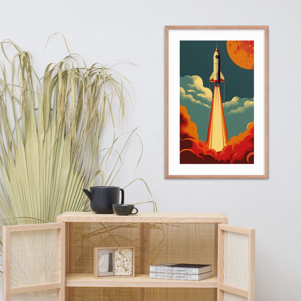 Framed rocket illustration above a wooden shelf with a plant.