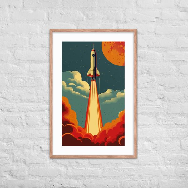 Artistic poster of a rocket launching into space.
