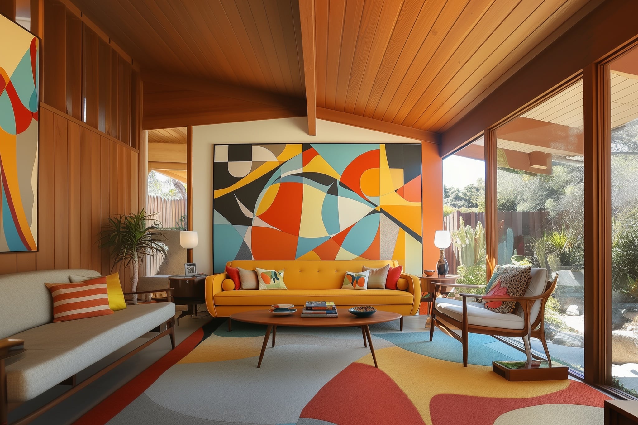 A mid-century modern living room with vibrant abstract art, wooden ceiling, and large windows.