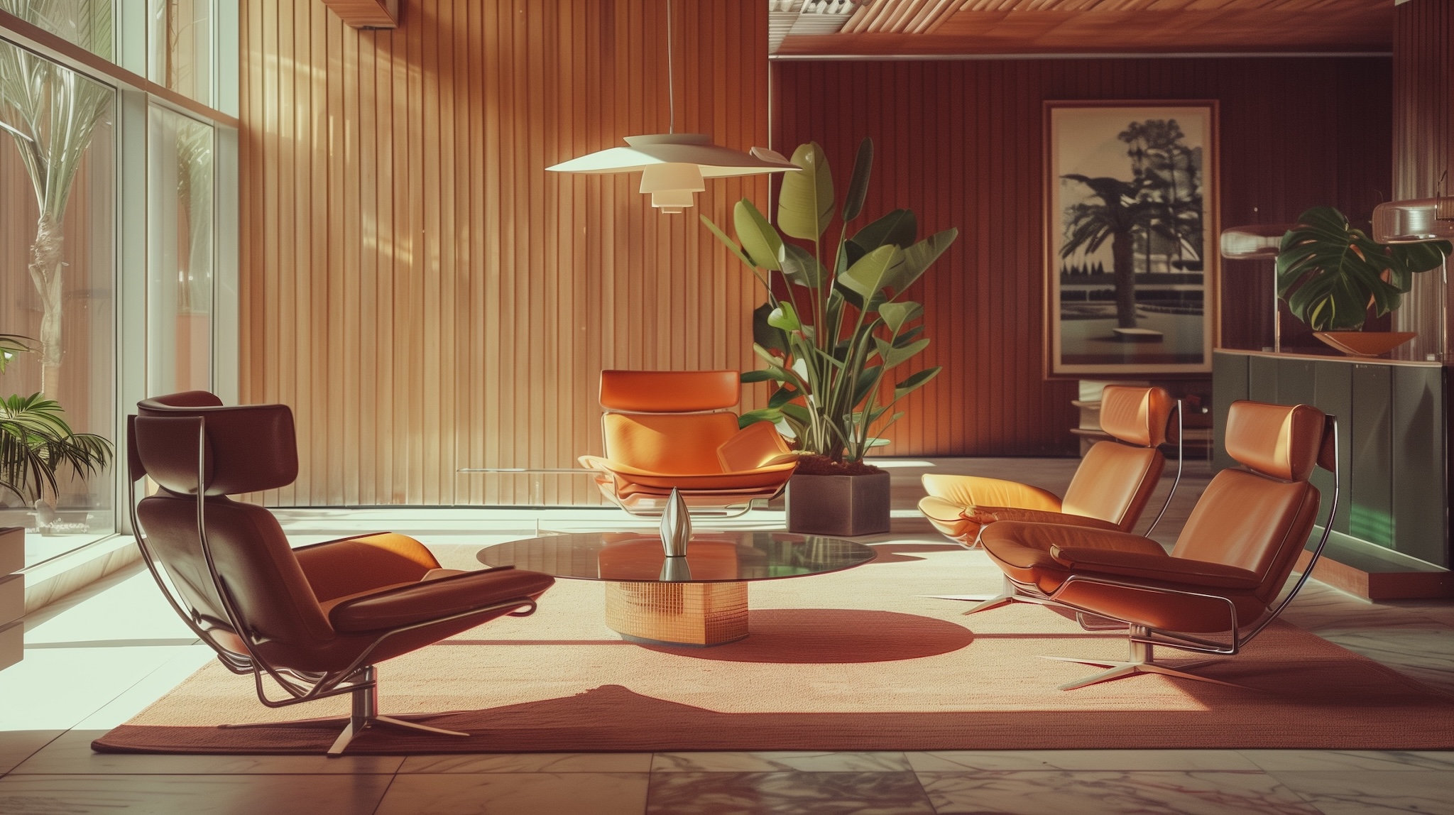 Modern lounge with orange chairs around a glass table in a sunlit room.