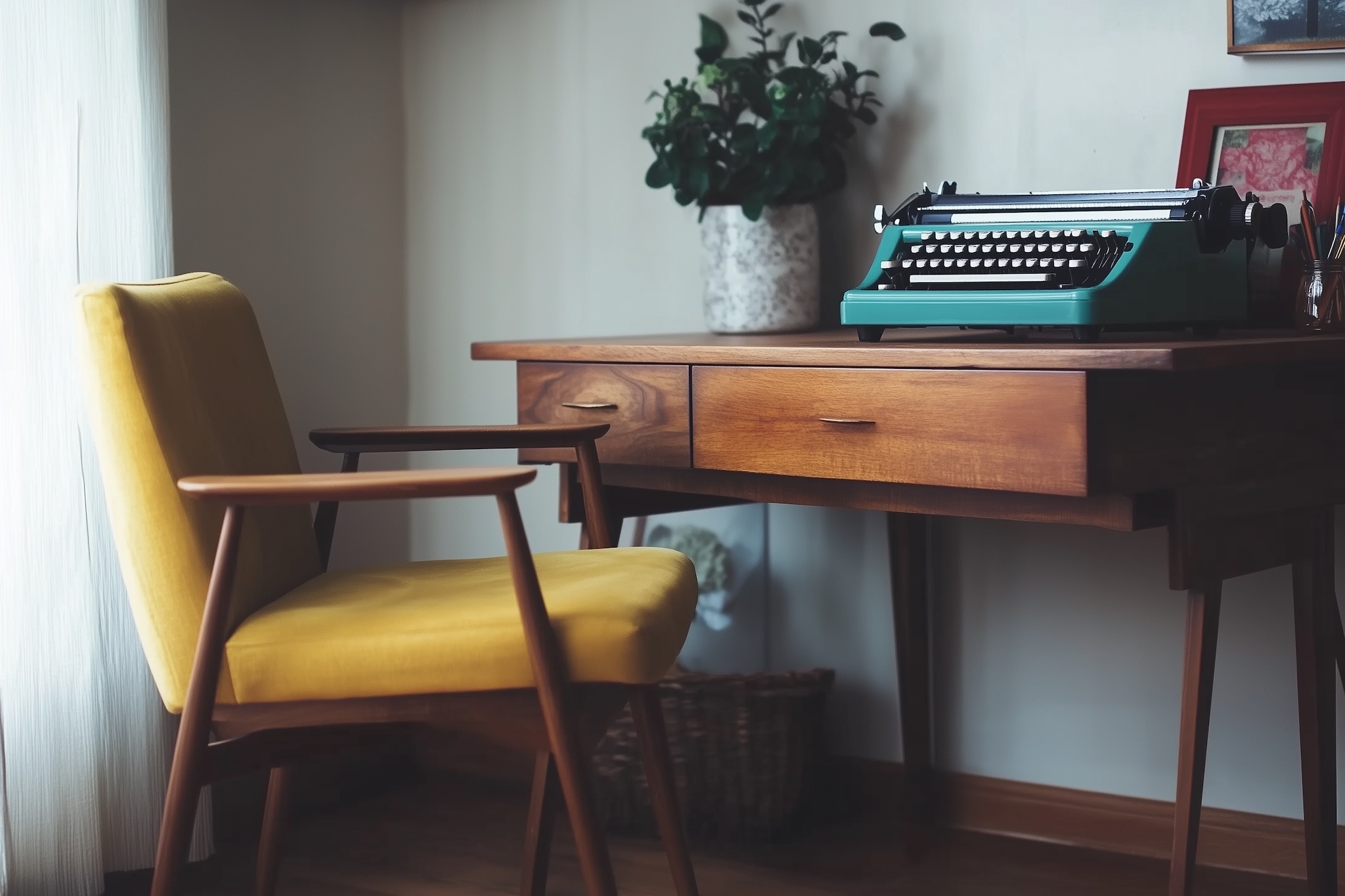 A cozy home office corner with a yellow chair and a wooden desk.