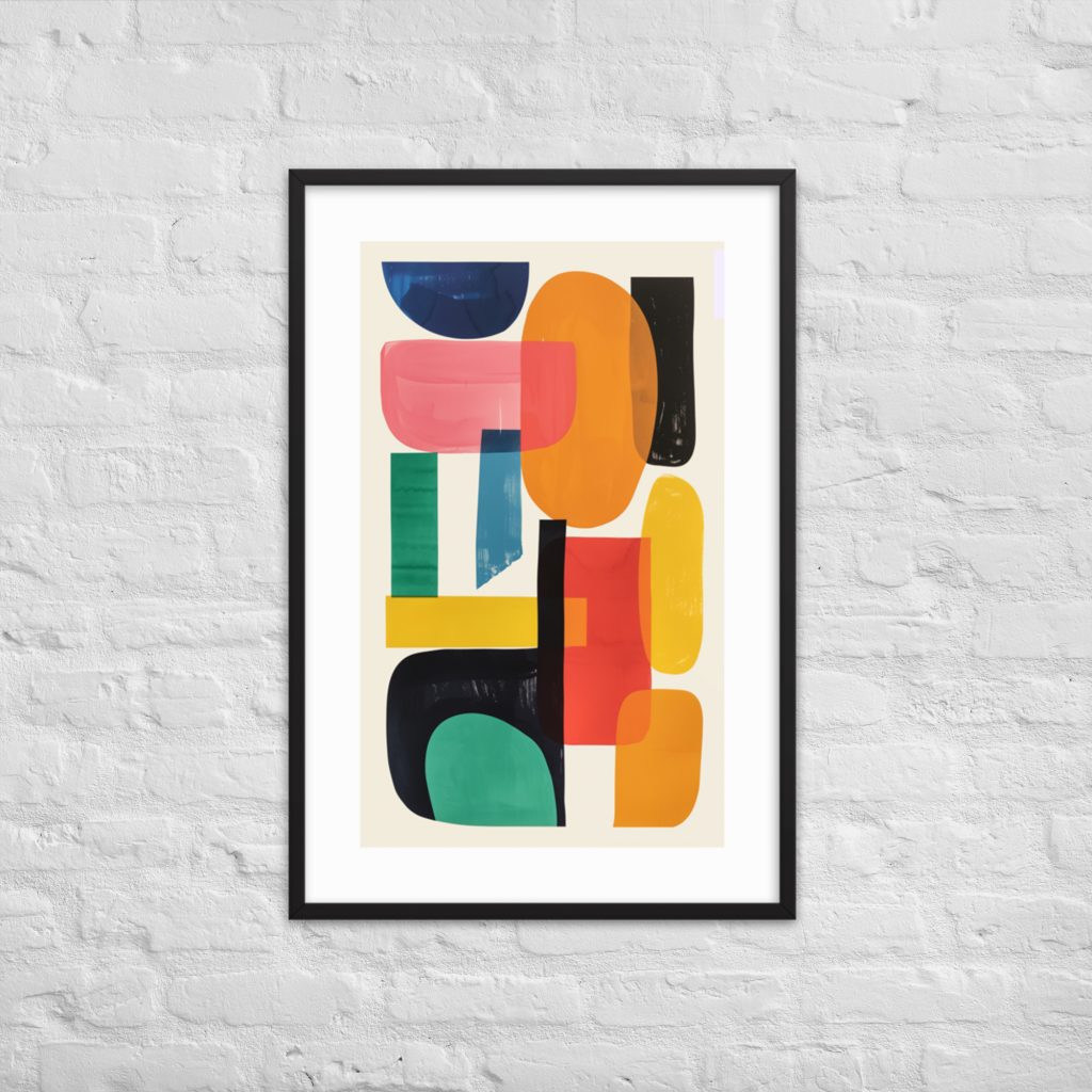 Abstract geometric artwork with bold, colorful shapes in a black frame.