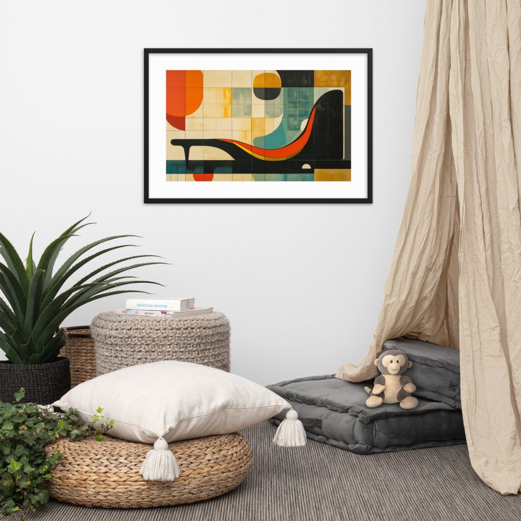 A cozy reading nook with a modern abstract wall art piece next to a plant and floor cushions.
