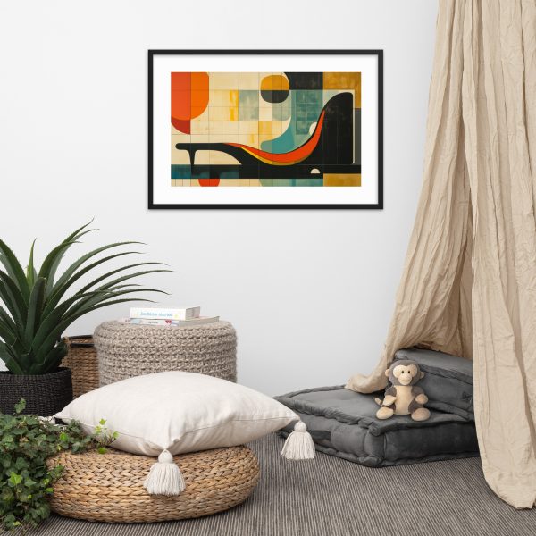 A cozy reading nook with a modern abstract wall art piece next to a plant and floor cushions.