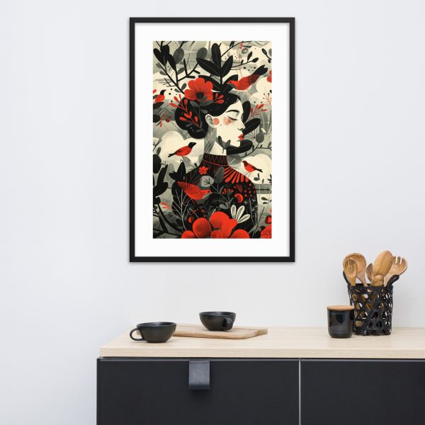 Framed artwork with abstract design above cabinet with kitchen utensils.