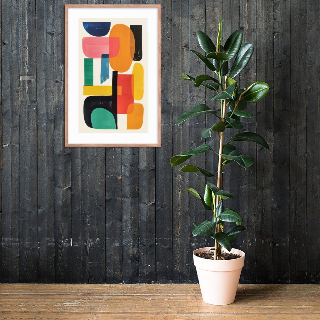 Abstract colorful artwork on dark wooden wall