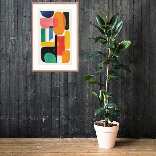 Abstract colorful artwork on dark wooden wall