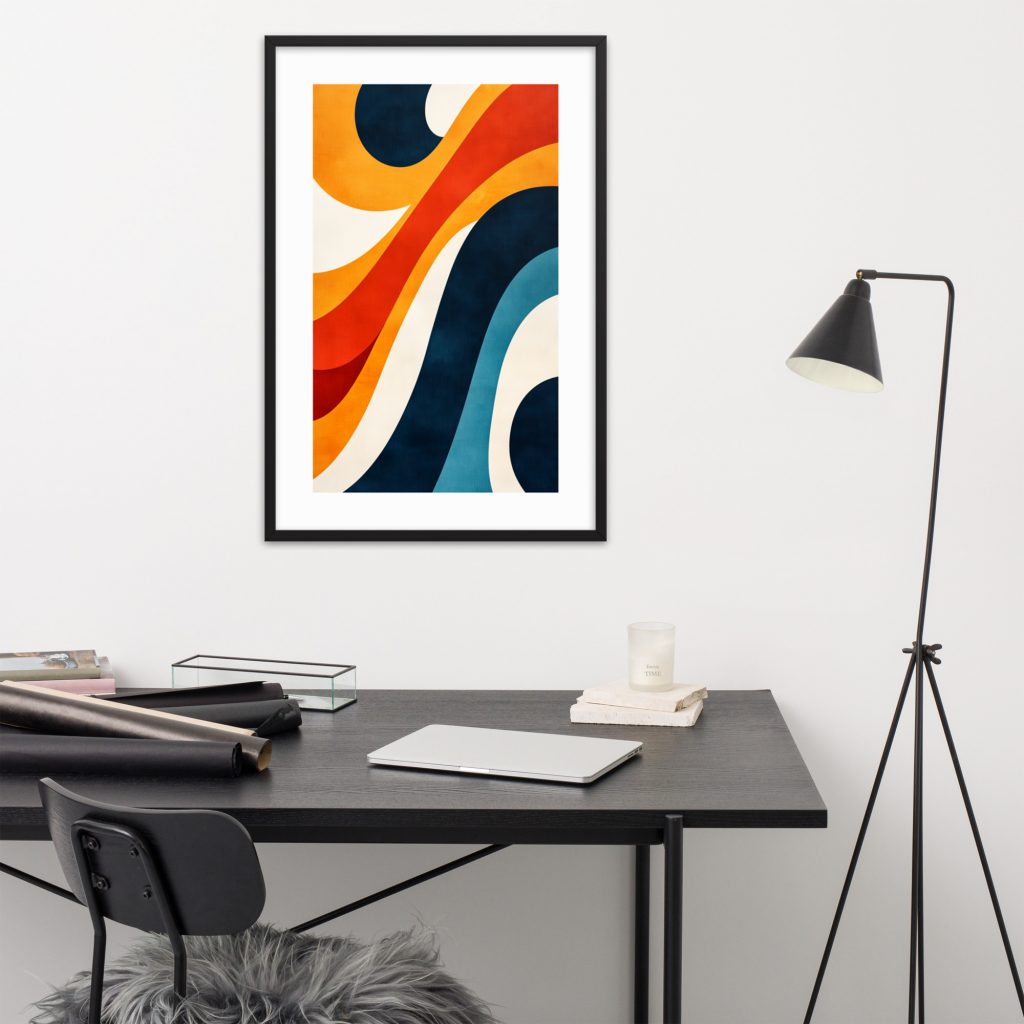 Abstract artwork with vibrant waves in a modern office setup.