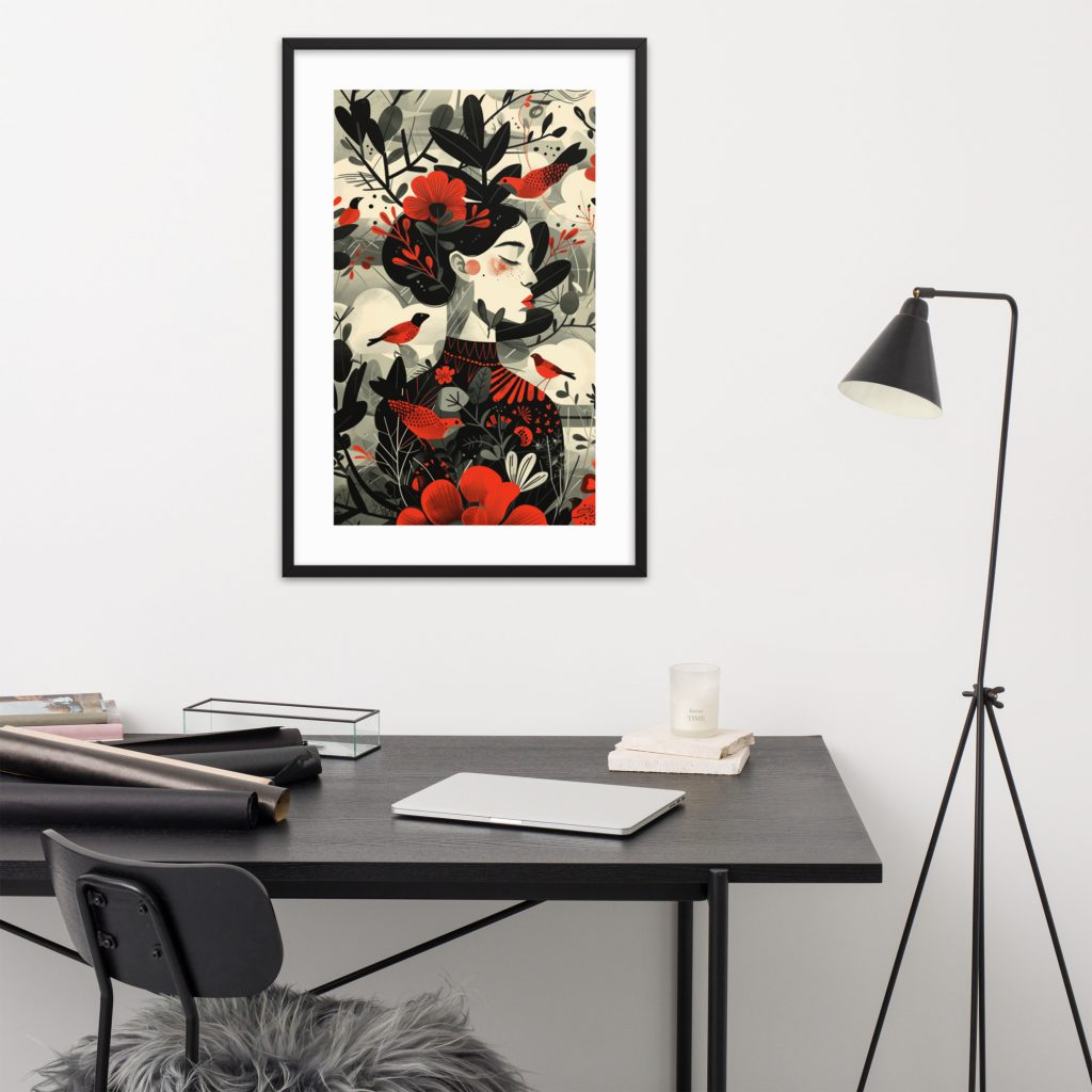 Abstract floral artwork above a minimalist desk with a black chair and lamp.