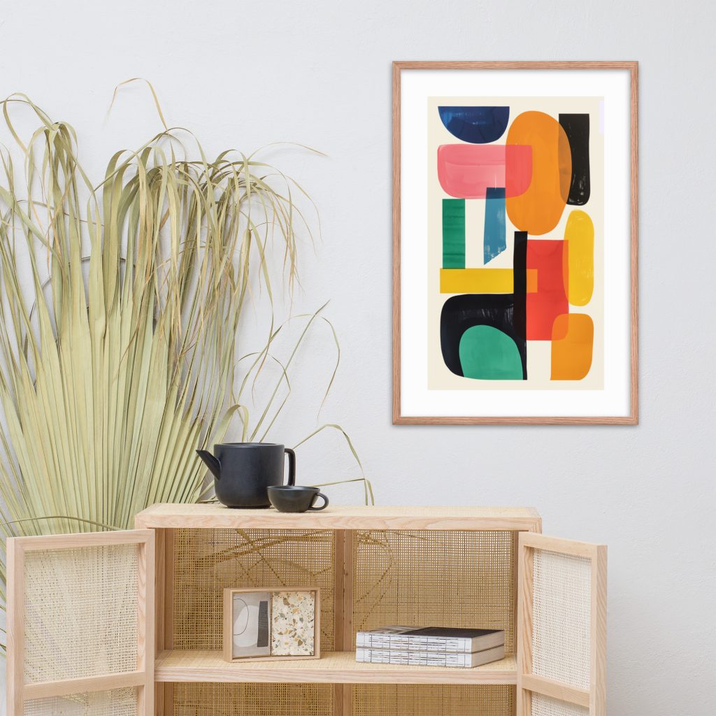 Abstract geometric artwork above modern wooden cabinet