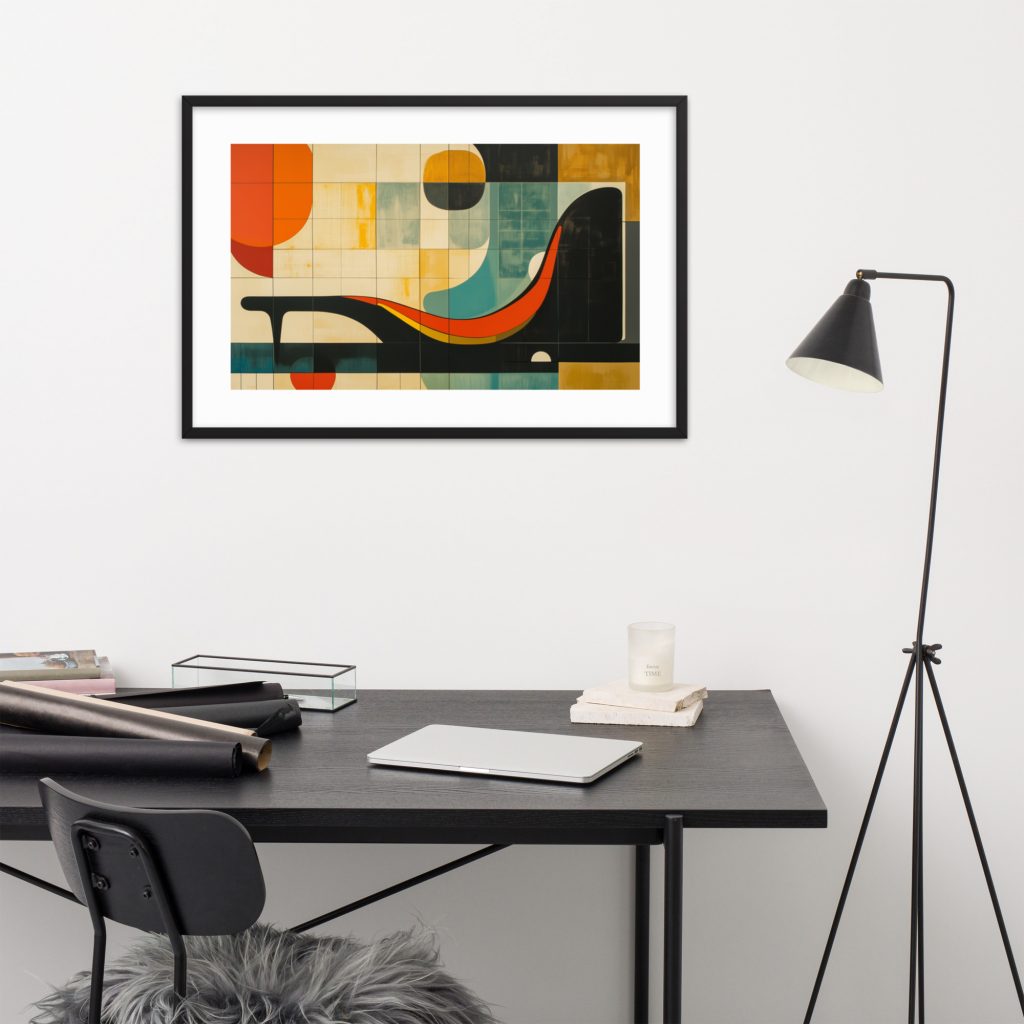 An abstract geometric artwork in a frame hangs above a black desk with a lamp and office chair.