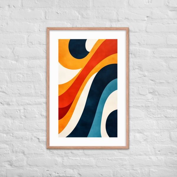 Framed abstract art with wavy colorful shapes on white brick wall.