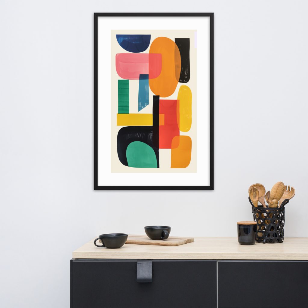 Colorful abstract art print in black frame above modern black sideboard.