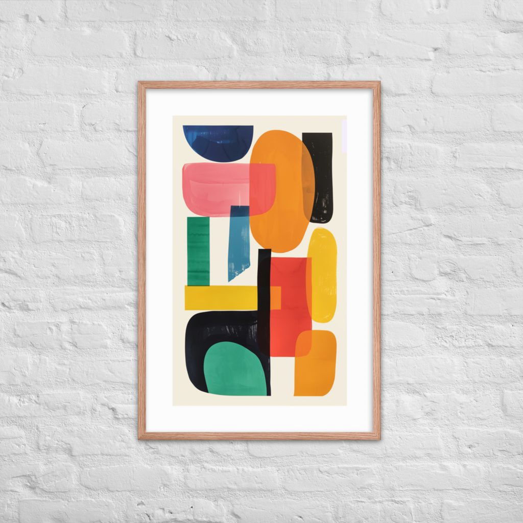 Vibrant abstract art framed against a white brick wall