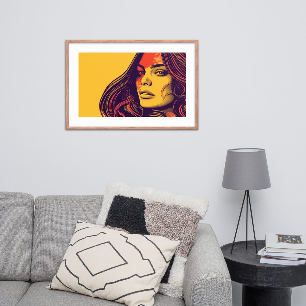Colorful pop art portrait of a woman displayed in a modern living room.