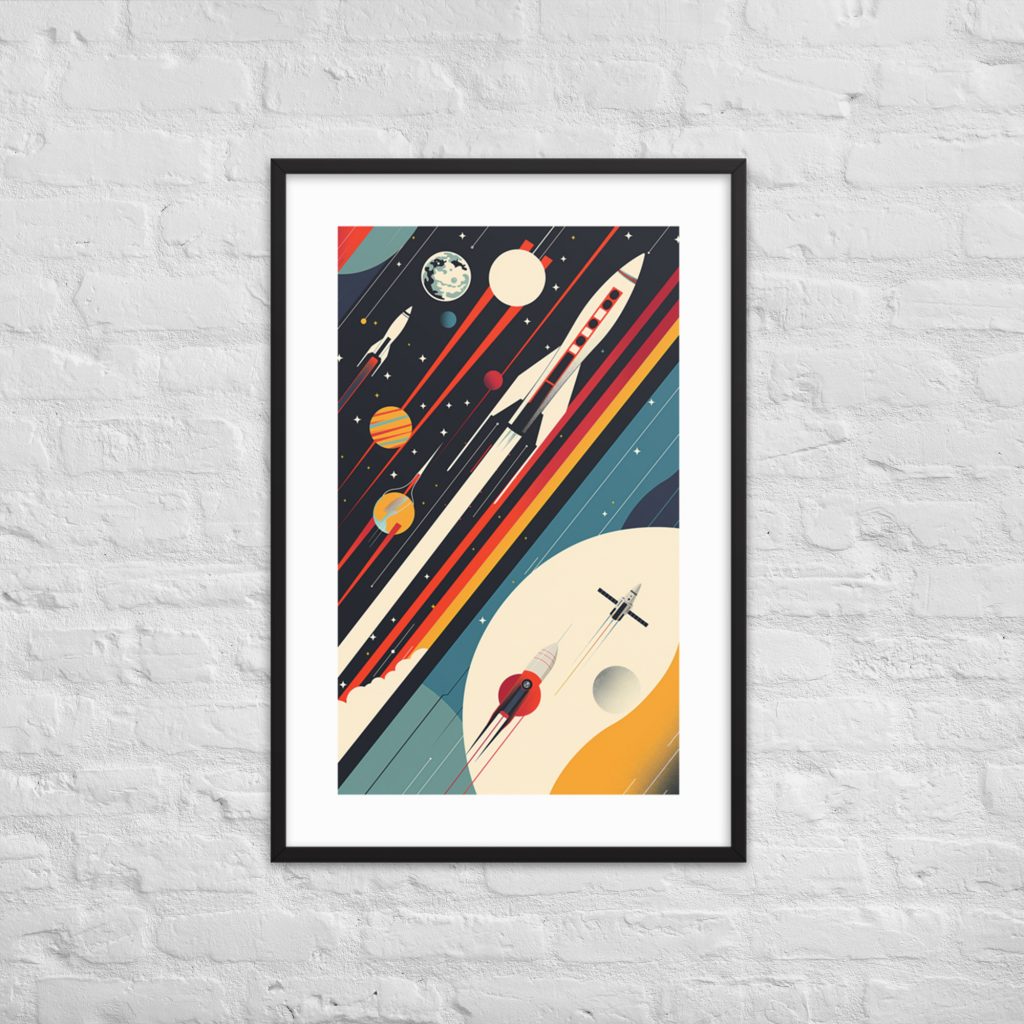 A framed colorful space-themed artwork on a white brick wall.