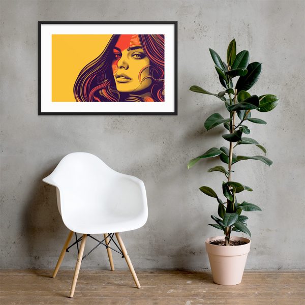 A modern interior featuring a framed artwork with a stylized portrait on a concrete wall.