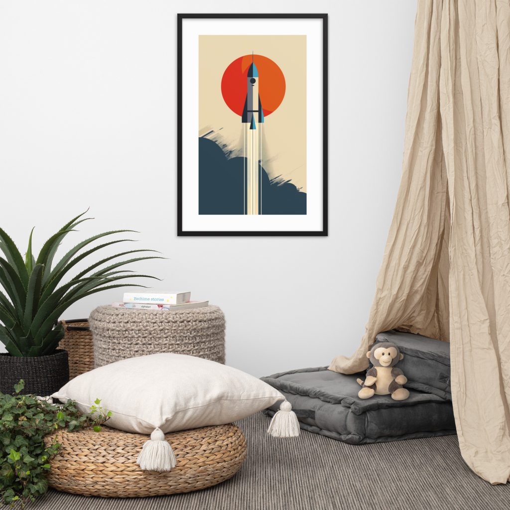 A cozy nook with cushions and framed rocket artwork on the wall.