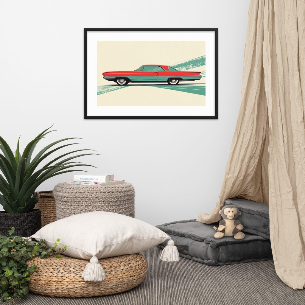 A cozy room with a red car artwork, pillows, and a plant