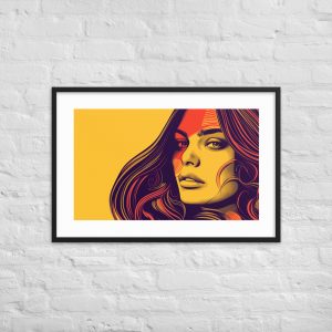 Digital pop art portrait of a woman with colorful hair against a yellow background.