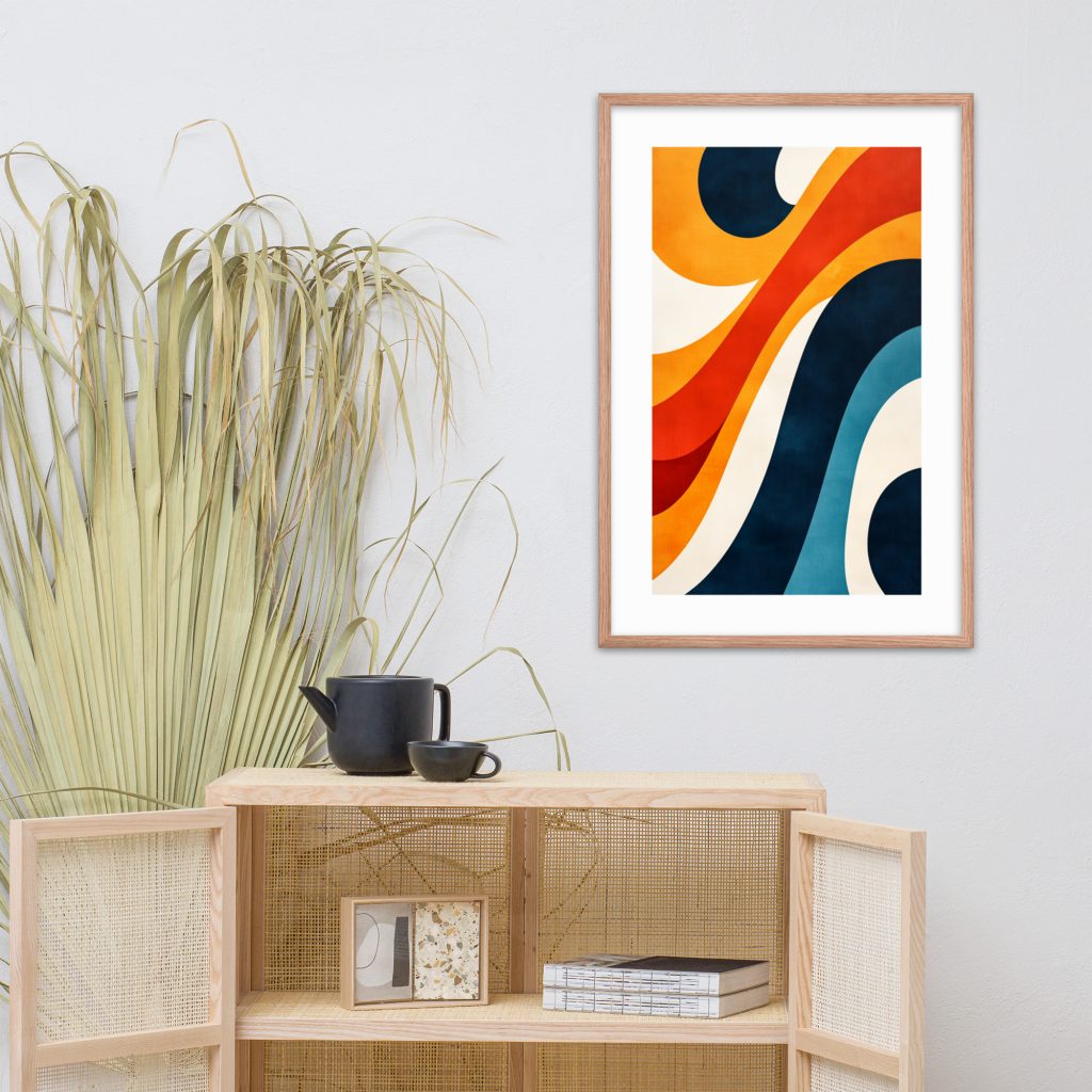 A vibrant abstract painting with curved lines in a modern living room setting.