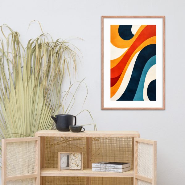 A vibrant abstract painting with curved lines in a modern living room setting.