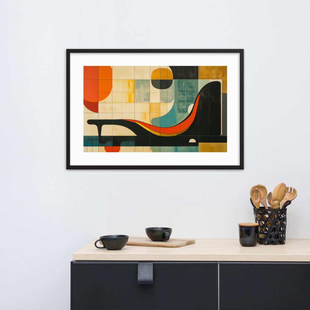 Framed abstract modern artwork with colorful shapes above a black-and-wood sideboard.