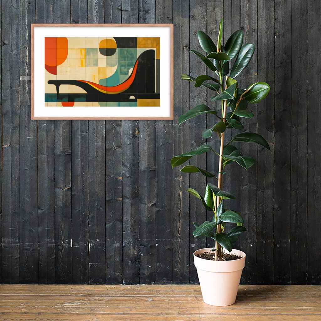A framed abstract painting and a potted plant against a dark wooden wall.