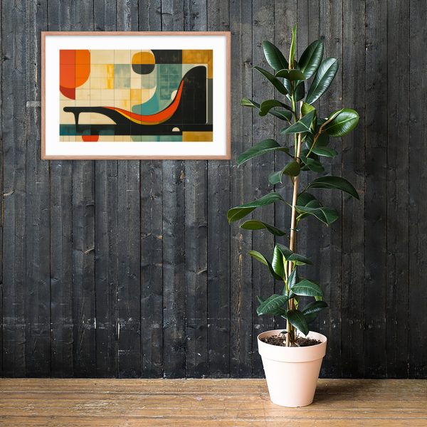 A framed abstract painting and a potted plant against a dark wooden wall.